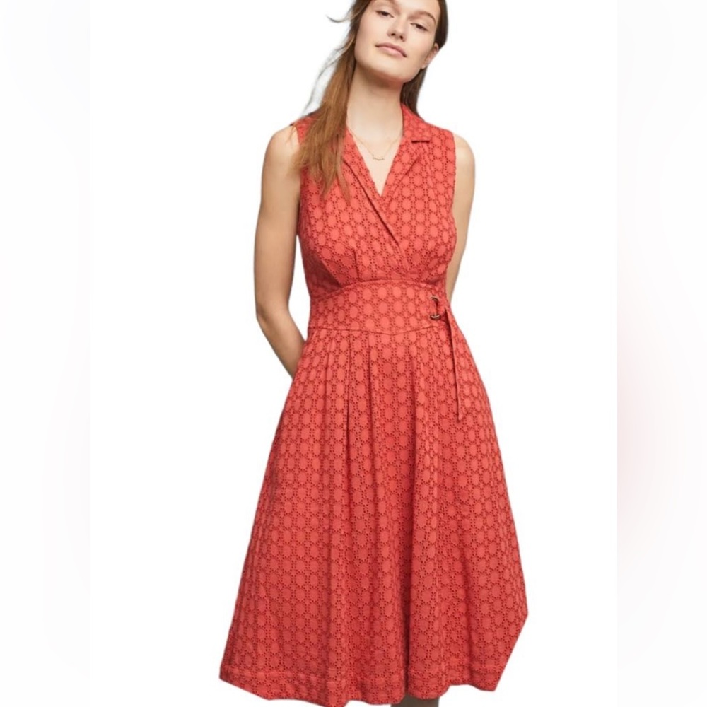 Anthropologie Elm Collared Coral Eyelet Dress size US 8